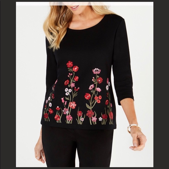 Karen Scott Womens Embroidered T Shir Black Size X Large main image 1